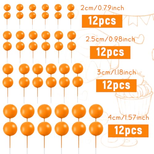 48 Pcs Orange Balls Cake Topper Decorations Balloon Cupcake Toppers Foam Cake Topper Balls for Thanksgiving Halloween Birthday Party Wedding Anniversary Cake Decorating (48 Count)