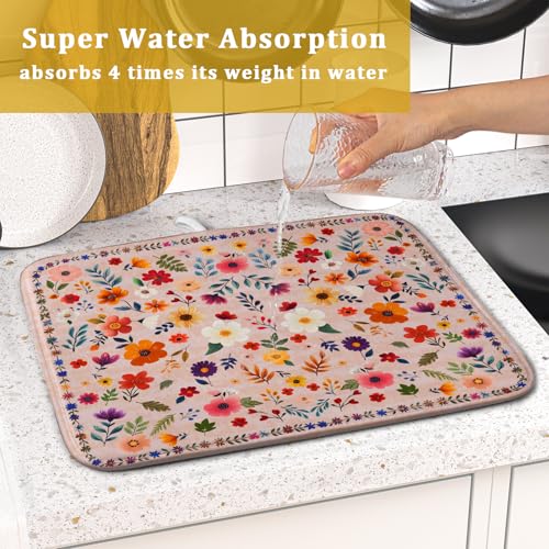 Boho Floral Dish Drying Mat (Wildflowers Pink / 18" x 16")