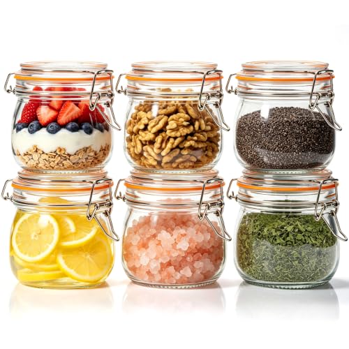 Small Glass Storage Jars with Airtight Lids Wide Mouth 17 oz 6 Pack (Clear 17oz Square -6 sets)