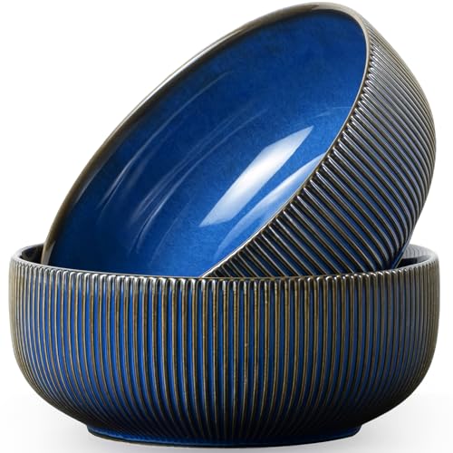 Large Serving Bowls Ceramic Salad Bowl Set of 2 (Embossed Stripes (Vintage Blue) / 8")