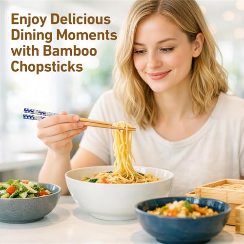 5 Pairs Bamboo Chopsticks Reusable Chopstick Exquisite Japanese Style Chop Sticks with Black Box for Sushi (Natural Bamboo - Auspicious Cloud Prints)