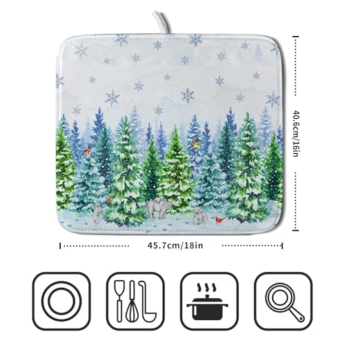 Winter Forest Dish Drying Pad for Kitchen Counter Green 18 X 16 In (Forest Bear Bird / 18" x 16")