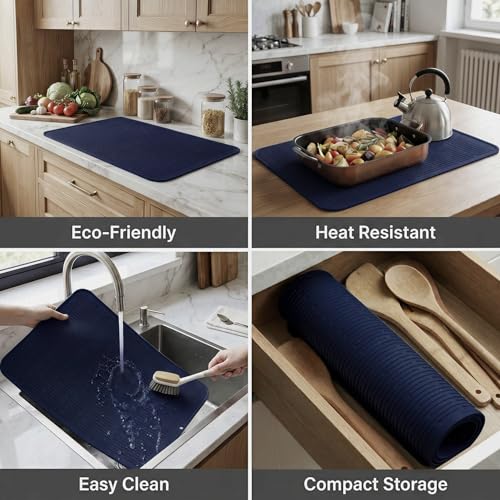 Silicone Dish Drying Mat for Multiple Usage (Navy Blue / 28"L x 18"W)