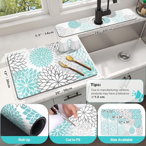 2Pcs Dish Drying Mat & Sink Splash Guard (Teal / 12" X 20" + 24" X 5.5")