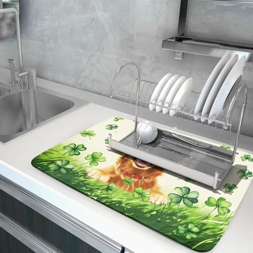 St Patrick's Day Dog Dish Drying Mat 18x24 inch Green Shamrock Dishes Pad Absorbent Microfiber Dish Drainer Mat for Kitchen Counter Coffee (Shamrock Dog / 18 x 24 inch)