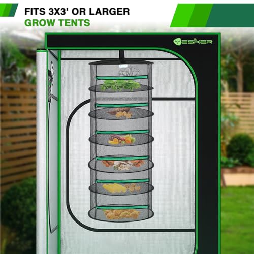 6 Layer Herb Drying Rack Hanging Mesh Net Foldable Plant Drying Racks 24" Diameter with Green Zipper & Hook Dryer Hanging Rack for Herbs Seed Bud Fruit Clothes Grow Tent Closets Garden Outdoor