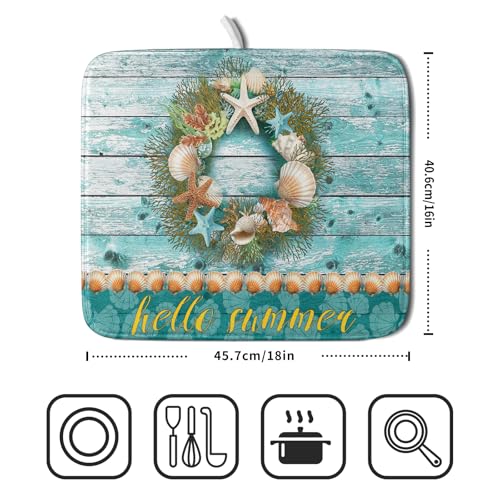 Coastal Wreath Dish Drying Mat 16x18 inch Starfish Shell Absorbent Microfiber Dish Rack Mats Drainer Pad Kitchen Countertop Accessories (Coastal Wreath / 16" x 18")
