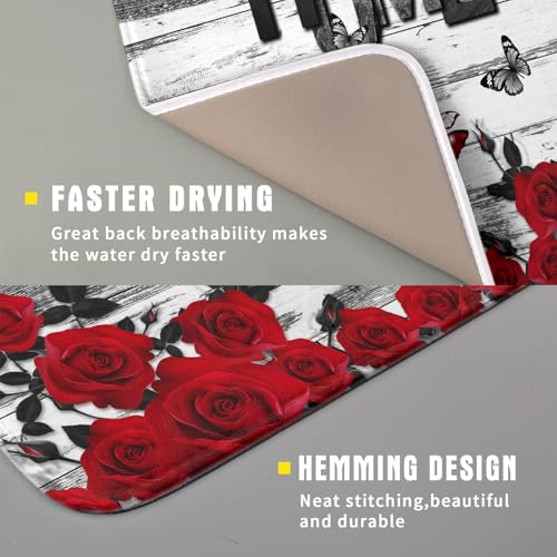 Red Rose Dish Drying Mat 16x18 inch Romantic Floral Absorbent Microfiber Sink Counter Dishware Drainer Pad for Kitchen Coffee Bar Decor (Red Rose / 16 x 18 inch)