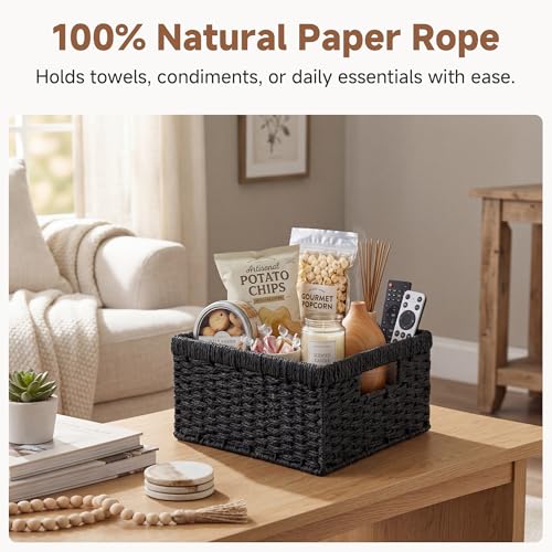 Wicker Baskets with Handles (Black (Paper Rope) / 11½"L x 11½"W x 7"H + 9¾"L x 9¾"W x 6½"H)