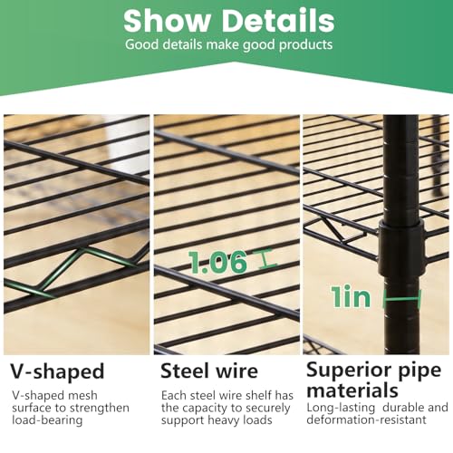 16" D×42" W×72" H Wire Shelving Unit Commercial Metal Shelf with 6 Tier Adjustable Layer Rack Strong Steel for Restaurant Garage Pantry Kitchen Garage (Black / 42×16×72)