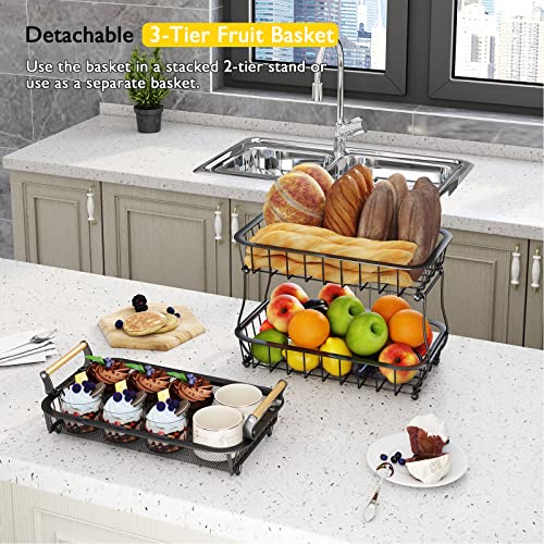 3 Tier Fruit Basket with 2 Banana Hangers (Black (3 Tier with Banana Hangers - Mesh Top))