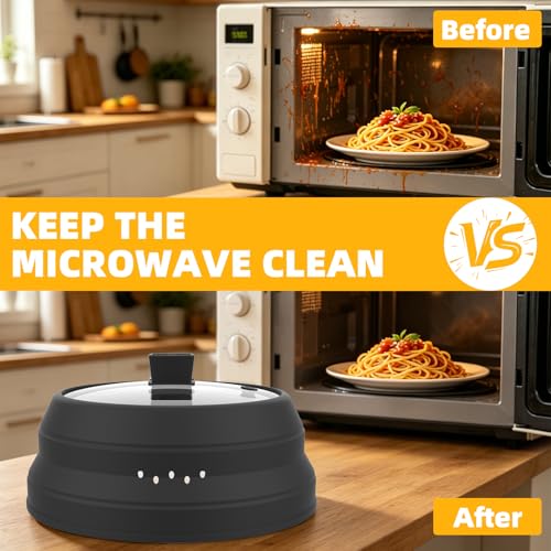 Tall Microwave Splatter Cover Glass Cover Guard Lid 6 inch Height with Collapsible Silicone for Food Pot Plate 12.5 inch Black (BLACK / Taller style 12.5 inch)