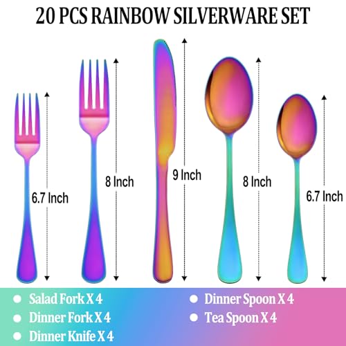 20 Pcs Rainbow Silverware Set Service for 4 (Rainbow)