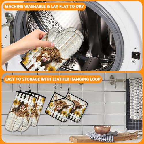 Sunflower Highland Cow Oven Mitts and Pot Holders Sets 4Pcs (Sunflower Highland Cow)