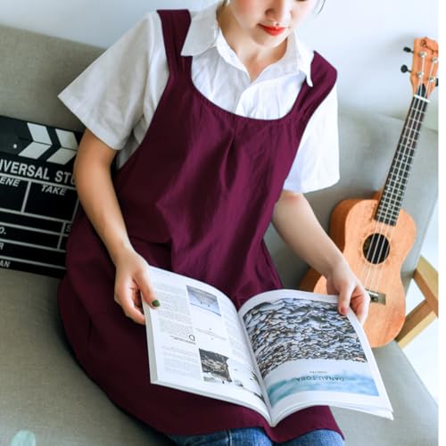Japanese Cotton Cross Back Kitchen Cooking Aprons for Women with Pockets Cute for Baking Painting Gardening Cleaning Dark Red (09 - Women's Purplish-red)