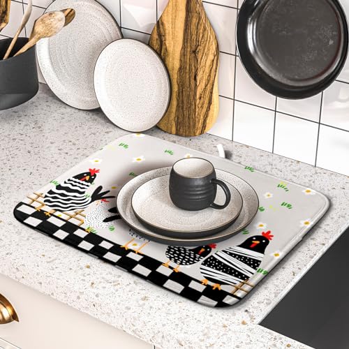Black Rooster Dish Drying Mat for Countertop 16x18 Inches Buffalo Plaid Microfiber Drainer Rack Pads Fast Dry Dishes Mats Kitchen Accessories (Black Rooster / 16" x 18")