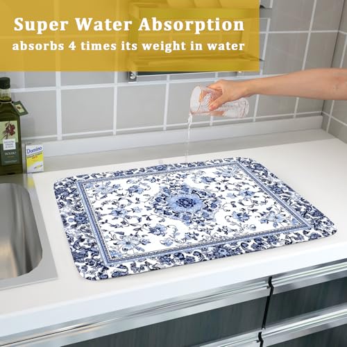 Boho Floral Dish Drying Mat 18x24 Inch Blue Leaves Kitchen Drying Pad Reversible Absorbent Dish Drainer Rack Mats Counter Tableware Decor (Blue Boho Floral / 18" x 24")