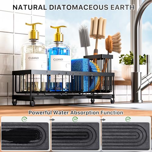 10.62'' Sponge Holder for Kitchen Sink (Black With Stone Tray)