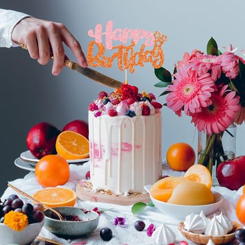 1Pcs Happy Birthday Cake Topper Glitter Cake Pick for Celebrating Anniversary Party Cake Decorations Supplies Pink Orange