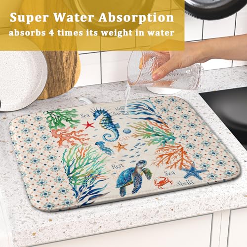Nautical Coastal Dish Drying Mat Sea Turtle Seahorse Dish Drainer Pad 16"x18" Microfiber Reversible Fast Dry Pad for Kitchen Counter Decor (Coral Turtle / 16" x 18")