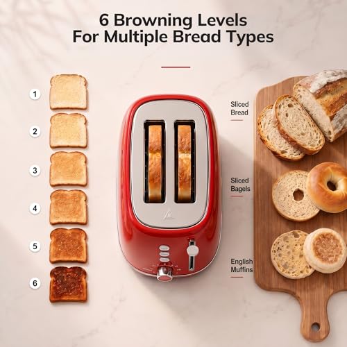2 Slice Stainless Steel Toaster Retro with 6 Bread Shade Settings (2 Slice / Red)