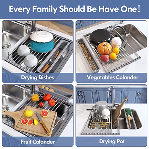 Roll Up Dish Drying Rack for Kitchen Sink with Utensil Holder (Gray / Roll Up, 12.8" - 23.8" D x 15.5" W)