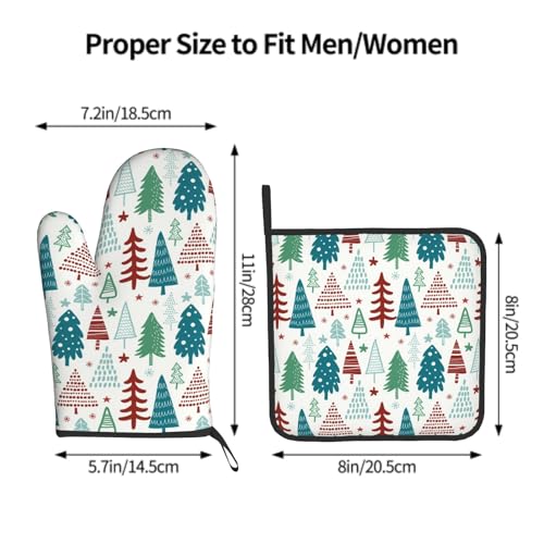 Pine Tree Oven Mitts and Pot Holder Set of 2 Winter Xmas Washable Kitchen Heat Resistant Gloves for Microwave BBQ Cooking Baking Grilling (Xmas Tree)