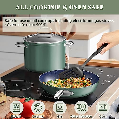 9pc Cookware Set Healthy Duralon Blue Ceramic Nonstick Coated (9 Piece Cookware Set / Rosemary Green)