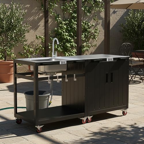 35" Movable Outdoor Grill Cart with Stainless Steel Sink & Faucet (Sliver)