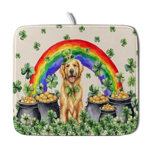 St Patricks Day Drying Mat Samll Lucky Clovers Green Kitchen Decor Counter Mats for Dog Lover (Green Lucky Gog / 18" x 16")