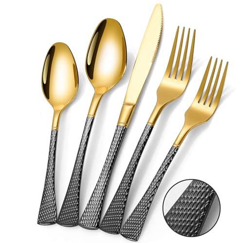 Hammered Black Gold Silverware Set (Black/Gold / 20 Pieces Set)