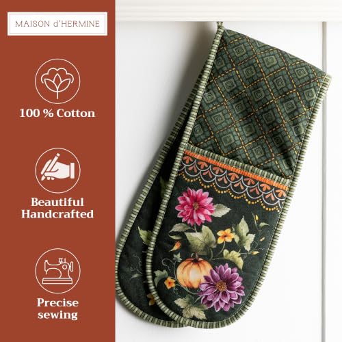 Double Oven Mitts 100% Cotton Double Oven Glove (026 - Pumpkin Garden - Dark Green / 7" x 35" (Double Oven Mitt))