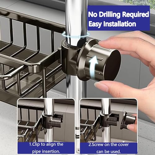 Kitchen Sink Faucet Organizer Multifunction Sponge Holder Organizer Sink Drain Holder Over Faucet Kitchen Sink Caddy with Hook Adjustable for 0.7 (Large / Silver)