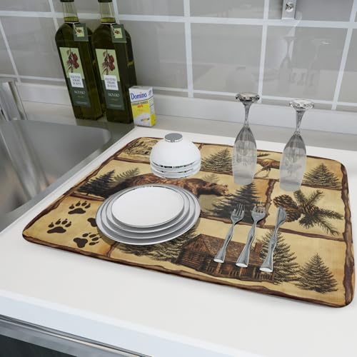 Vintage Bear Moose Dish Drying Mat 18x24 Inch Country Cabin Absorbent Dish Draining Mat Heat Resistant Drying Pad for Counter Sink Home (Vintage Bear Moose / 18" x 24")
