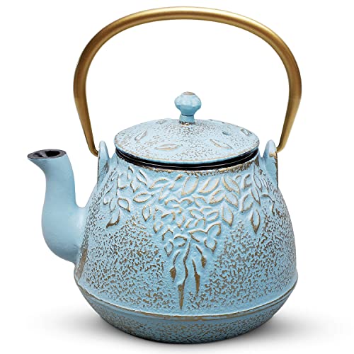 Japanese Cast Iron Tea Kettle with Stainless Steel Infuser (1 Quarts / Turquoise Blue)