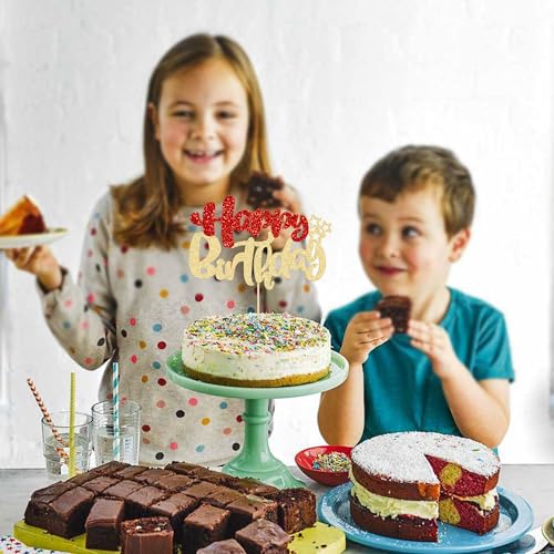 1Pcs Happy Birthday Cake Topper Glitter Happy Birthday Cake Pick for Christmas Theme Baby Shower Anniversary Party Decorations Supplies Red Gold (Style 2 / Red Gold)