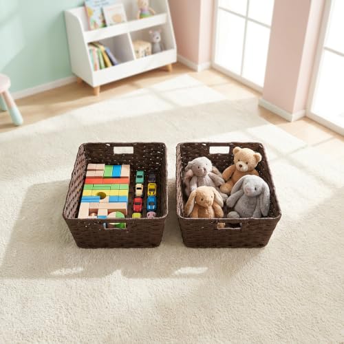 Large 2 Pack Plastic Wicker Storage Baskets (17" x 13" x 5.5" / Brown)