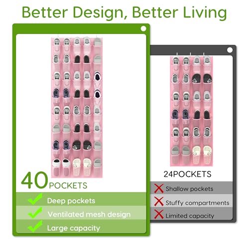 Over the Door Shoe Organizer with 40 Large Breathable Mesh Pockets (Pink / 40 Pockets)
