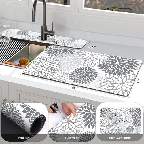 2Pcs Dish Drying Mat & Sink Splash Guard (Gray / 17" X 32" + 24" X 5.5")