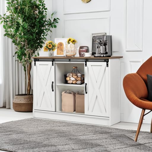 Coffee Bar Cabinet with Sliding Barn Doors (White)