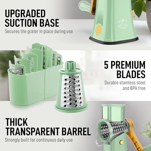 Rotary Cheese Grater Manual Hand Crank 5 Blade Shredder (5 Blades / Sea Foam & Gold)