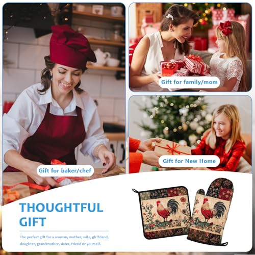 Rustic Rooster Oven Mitts and Pot Holders Sets Heat Resistant 4Pcs Potholders Oven Gloves Hot Pads for Kitchen Baking Cooking Grilling BBQ (Rustic Rooster)