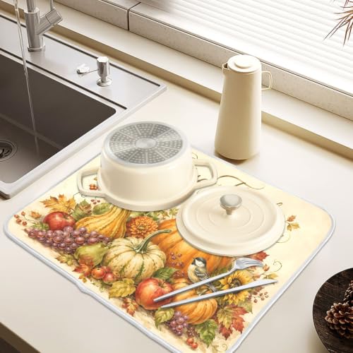 Thanksgiving Dish Drying Mat for Kitchen Counter Absorbent Microfiber Large Drying Pad Fall Autumn Harvest Pumpkin Dish Mats for Kitchen Countertops 18 x 24 Inch (Thanksgiving Harvest / 24" x 18")