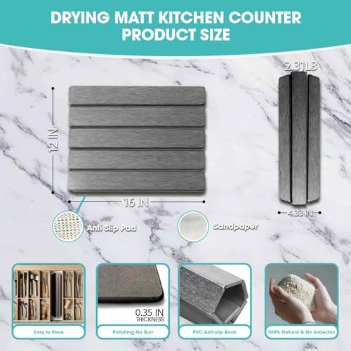 Dish Drying Mat Stone Bath Mat Diatomaceous Earth Stone Drying Mat For Kitchen Counter Sink Bath Mat Quick Dry Non Slip Foldable Dish Drying Rack Mat Small (16" x 12")