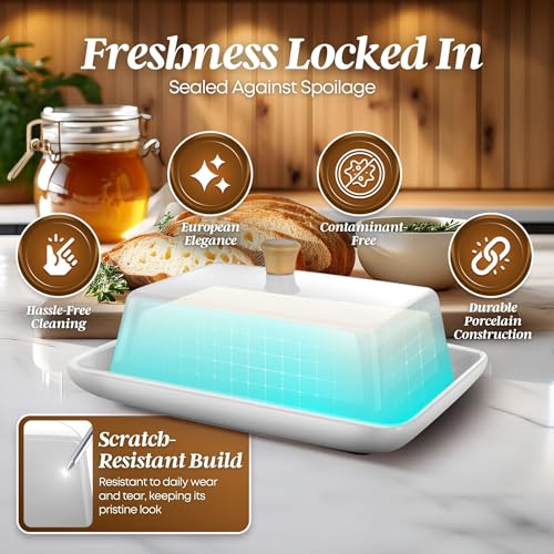 Ceramic White European Butter Dish with Lid for Countertop (White / Large)