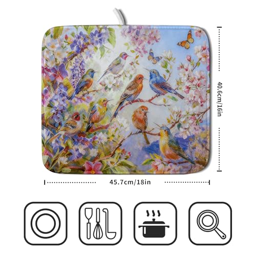 Spring Bird Dish Drying Mats for Kitchen Counter Floral Small Dish Drying Pad Season Decor (Colorful Art Birds / 18" x 16")