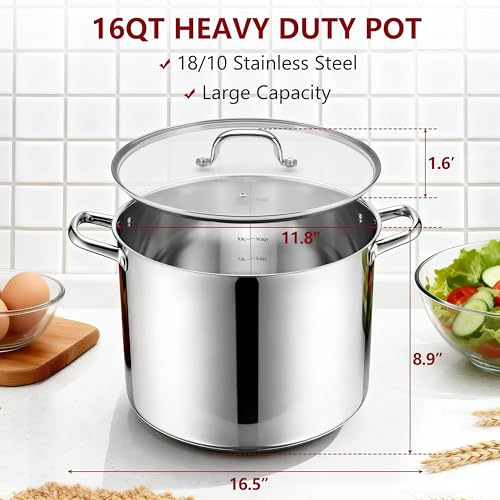 16-Quart 18/10 Stainless Steel Stock Pot with Lid, Large Heavy Duty Soup Pot Compatible with Electric, Gas, Induction and Gas Cooktops, Non-Toxic & Corrosion Resistant, Dishwasher Safe (16 Quarts)