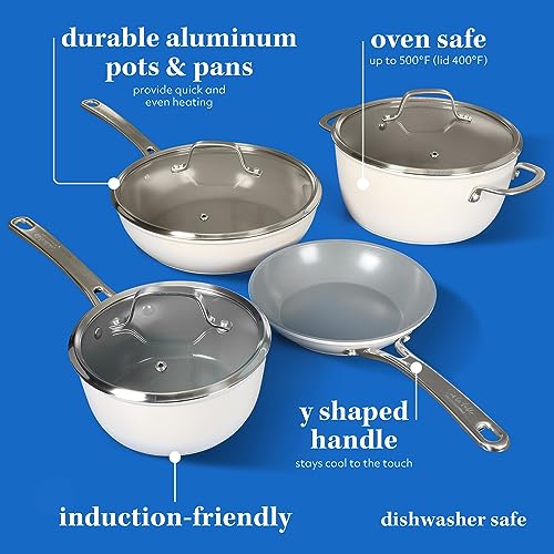 Kitchen Essentials 10 Piece PFA Free Non (Linen White / 10-Piece Cookware Set)