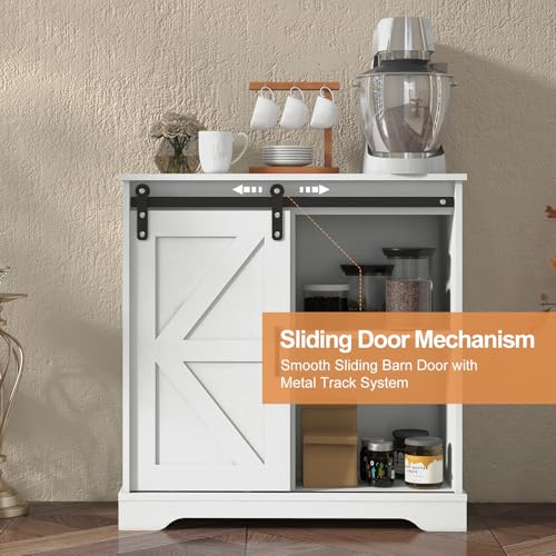 Sliding Barn Door Buffet Sideboard Storage Cabinet Coffee Bar Kitchen Farmhouse Style (White)