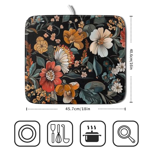 Vintage Floral Dish Drying Mat 16x18 inch Boho Flower Drainer Mats Fast Dry Absorbent Washable Dish Rack Pad Protector Kitchen Accessories (Vintage Floral / 16" x 18")